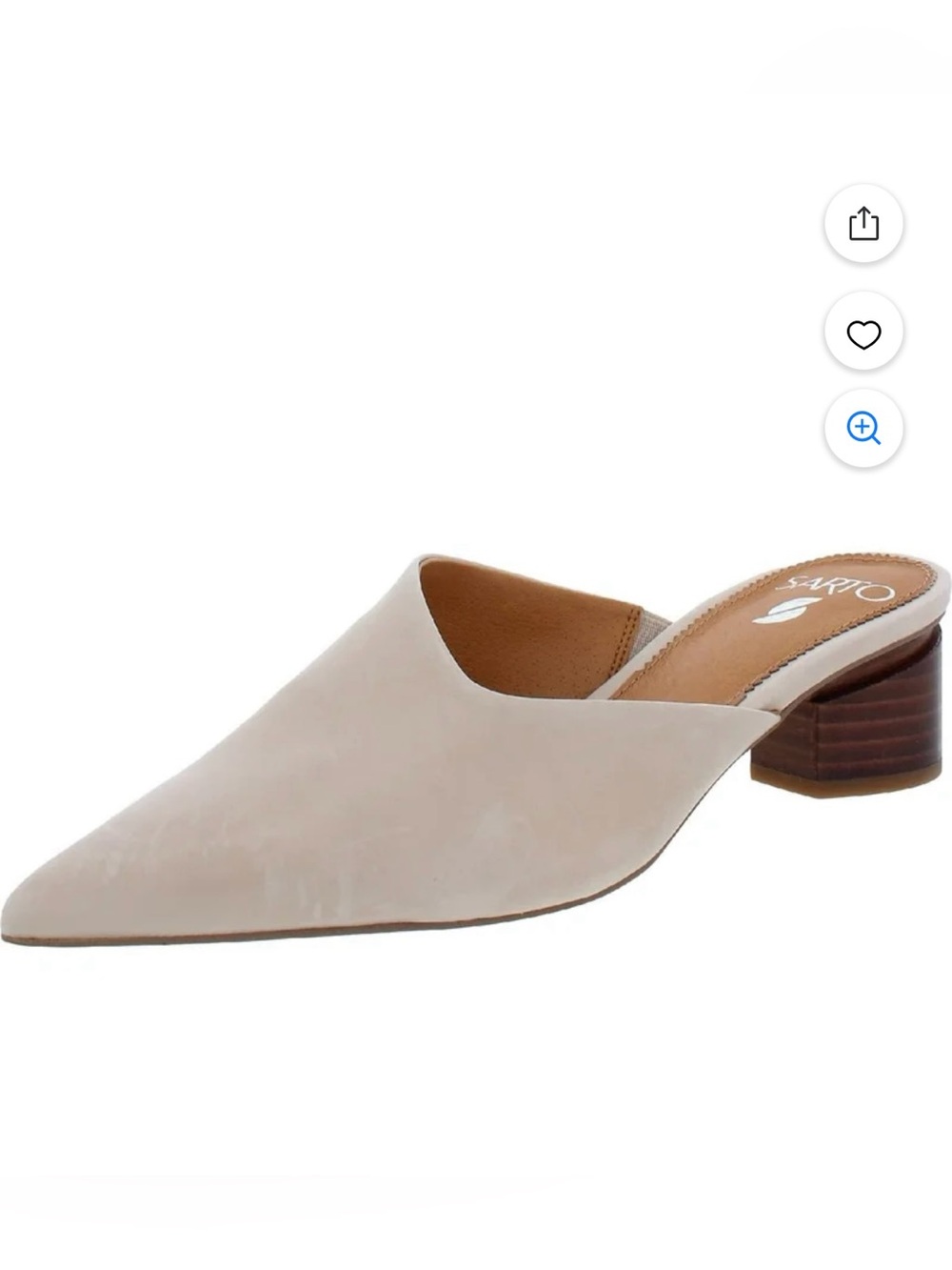SARTO By Franco Sarto Cream Pointed V-Cut Leather Mules with Brown Block Heel